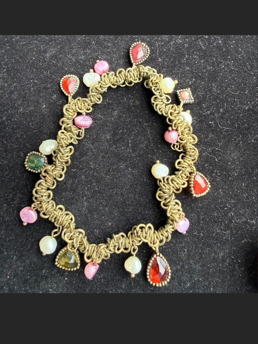 Vintage Gold Tone Stretch Charm Bracelet Red Pink Green Glass Beaded Statement